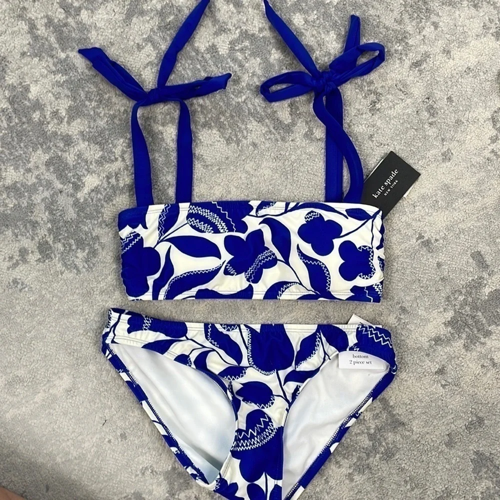 NWT Kate Spade Blue Berry Shoulder Tie Bikini Swimsuit Floral Sz XS